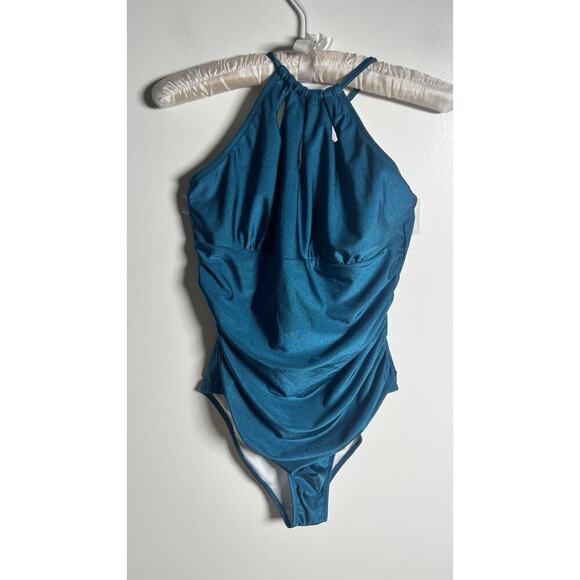 Felnart One Piece Size Large Turquoise Tummy Control Halter neck Swimsuit NEW - Picture 2 of 11